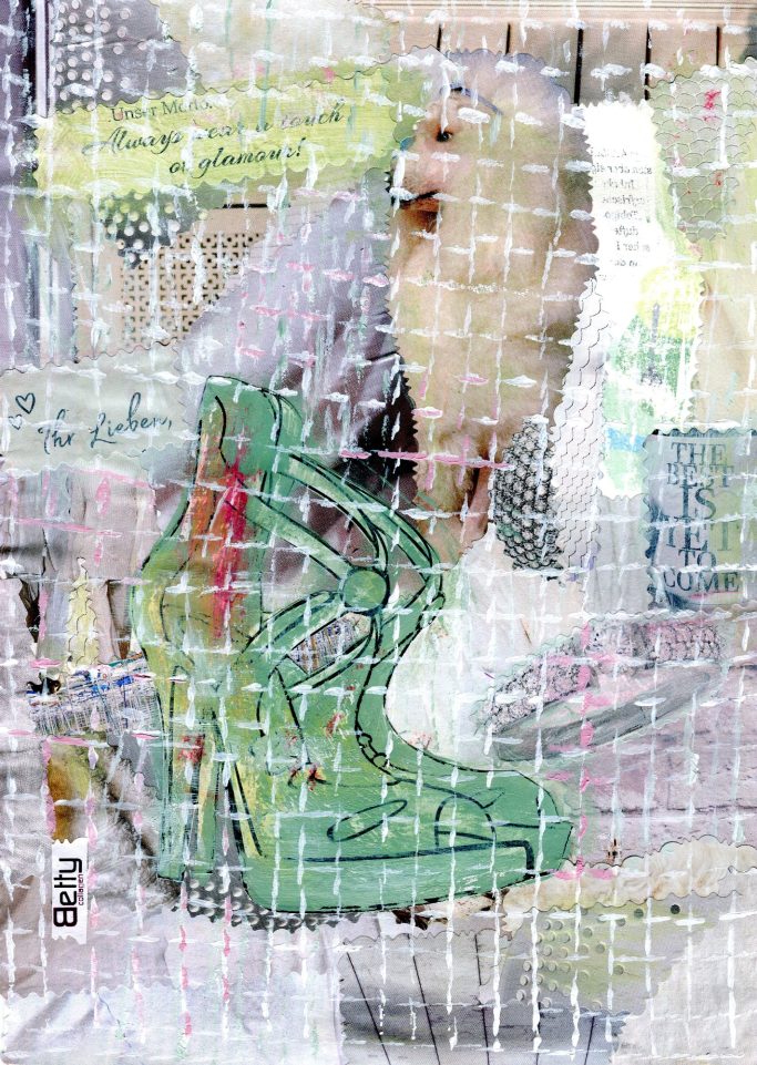 Collage mit Sandalen im Vordergrund