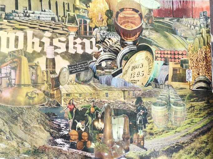 Collage aus Bildern der Whiskyherstellung in Beige- und Brauntönen.
