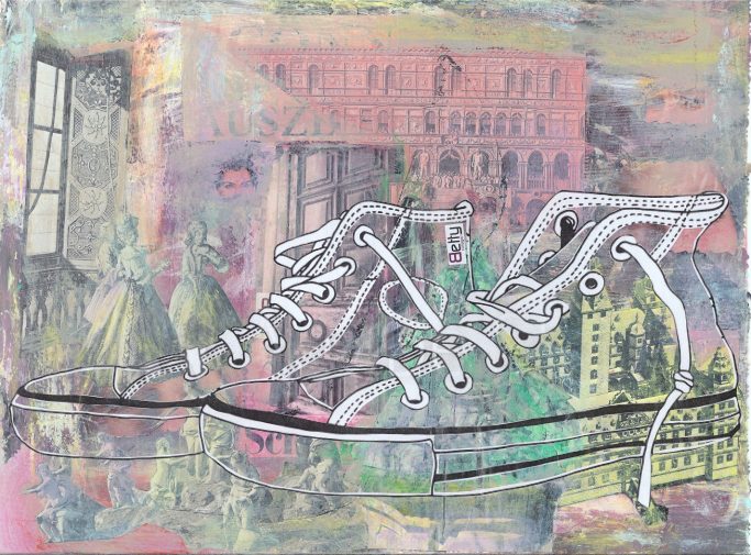 Barockszenen als Collage in Pastelltönen und davor ein Paar Sneaker