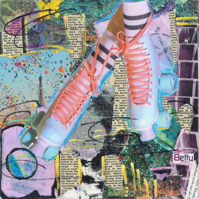 Collage aus bunten Bildern, Zeitungsausschnitten in deren Mittelpunkt stehen ein paar Rollschuhe
