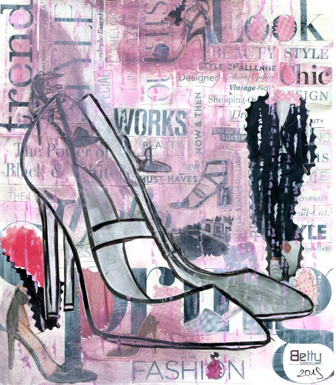 Rosafarbene Collage aus vielen verschwommenen Bilder mit Pumps als Silhouette im Vordergrund 