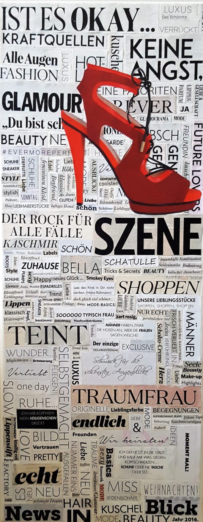 Collage aus pinken und lilafarbenen Bildern mit einem Frauengesicht auf der linken Seite