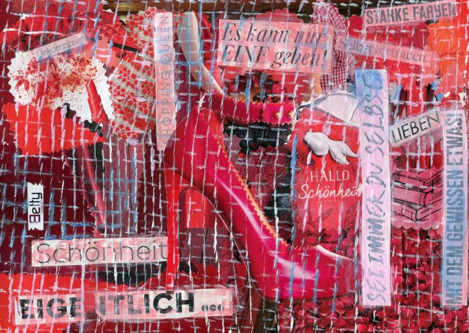 Collage aus Bildern mit vorwiegend roter Farbe und einem roten Pumps
