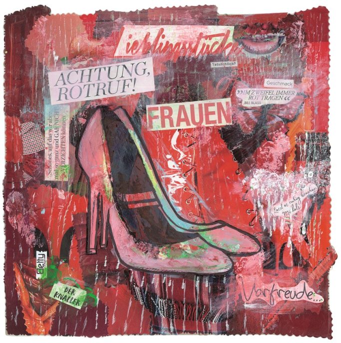 Collage aus roten Bildern im Vordergrund rosarote Pumps
