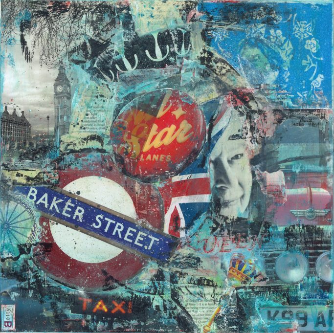 Collage aus bunten, London typischen Wahrzeichen
