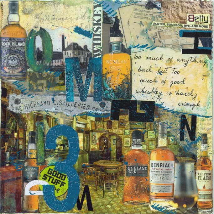 Bunte Collage aus Bildern mit Whisky