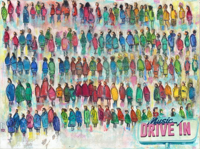 Viele Menschen ohne Gesichter die bunt angezogen sind, warten vor einem Drive in