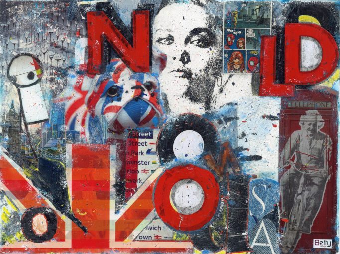 Collage aus bunten, landestypischen Bildern in den Union Jack-Farben Weiß, Rot und Blau