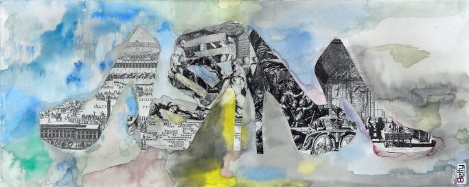 Vier Pumps vor einem Aquarellhintergrund