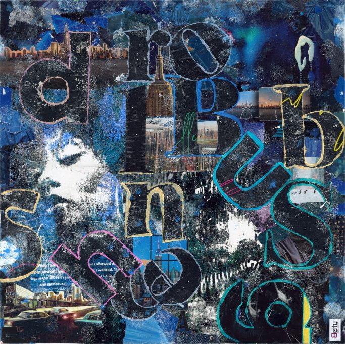 Bunte Buchstaben vor einem blauen Hintergrund in einer Collage mit bunten Bildern von New York