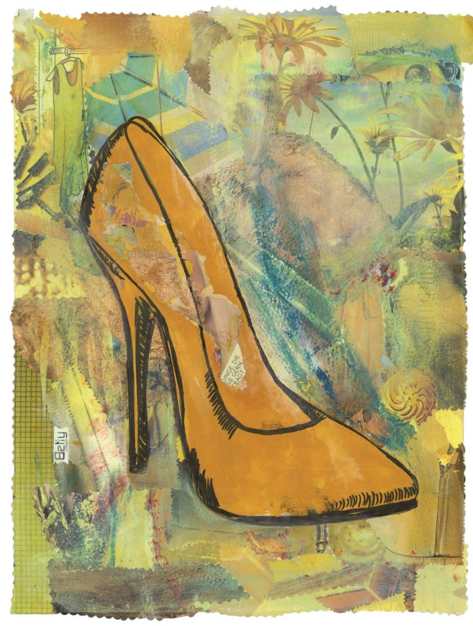 Collage aus gelben Bildern mit einem gelben Pumps in der Mitte