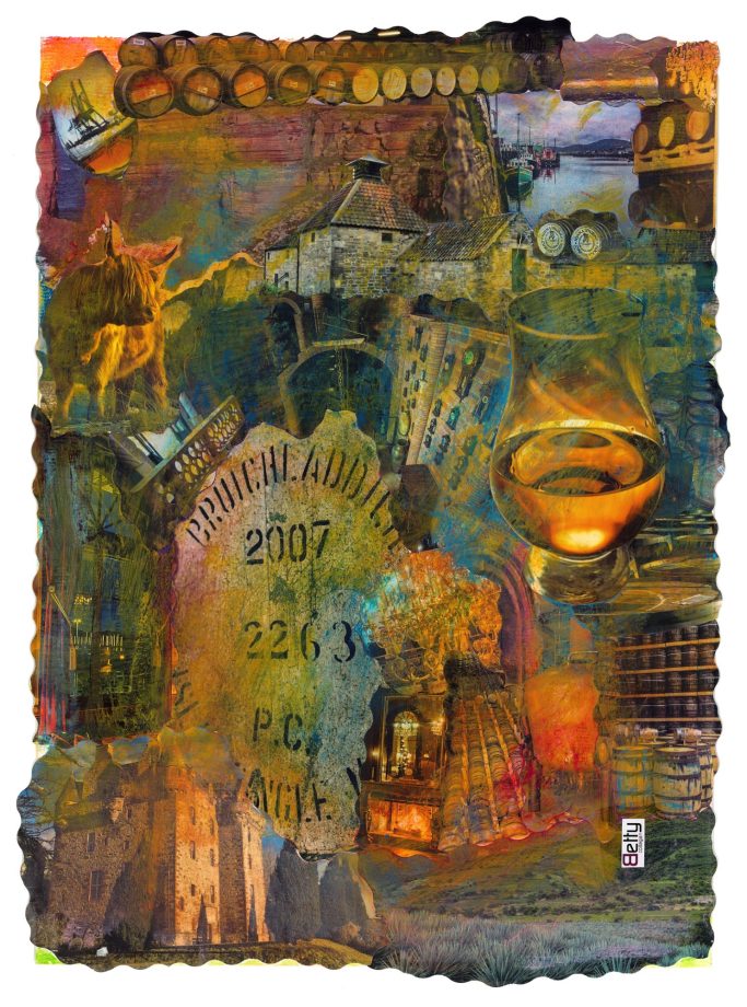 Collage aus Bildern der Whiskyherstellung in Beige- und Brauntönen.